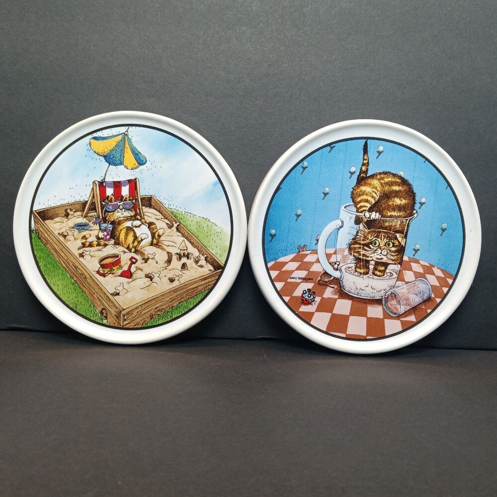 Gary Patterson Clay Design Comical Cat Coasters Set of 2 Time Out Curiosity Vtg